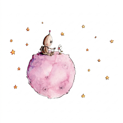 Un pequeño robot se sienta sobre un planeta rosa, rodeado de estrellas, sosteniendo una flor blanca. Decoración infantil encantadora.
