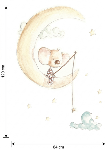 Vinilo infantil osito pescando estrellas sentado en una luna con nubes y estrellas