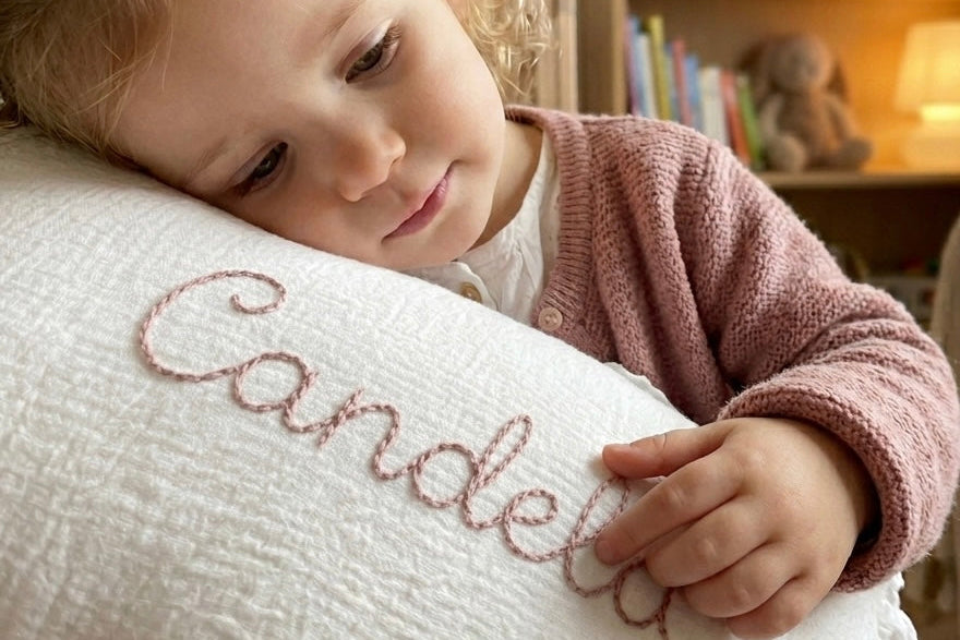 niña con cojin bordado