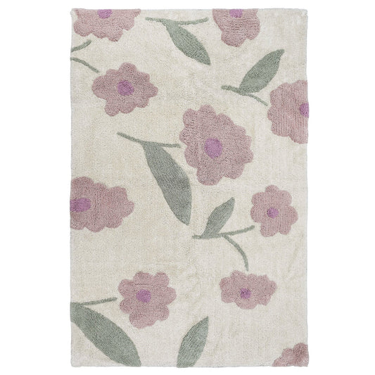 Alfombra infantil lavable Sunny Flowers Rosa con estampado de flores rosas y hojas verdes sobre fondo crema