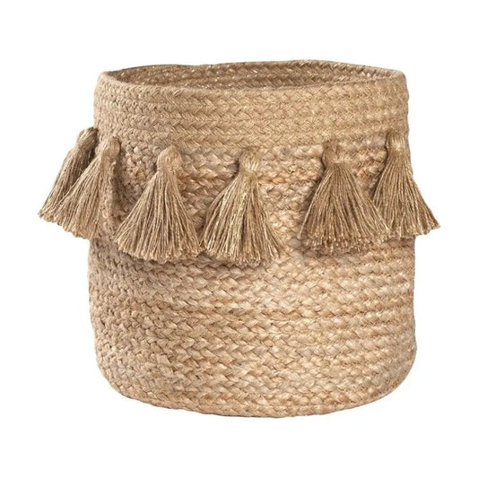 Cesta de almacenaje de yute con pompones IDRIS - Sueños de Cigueña