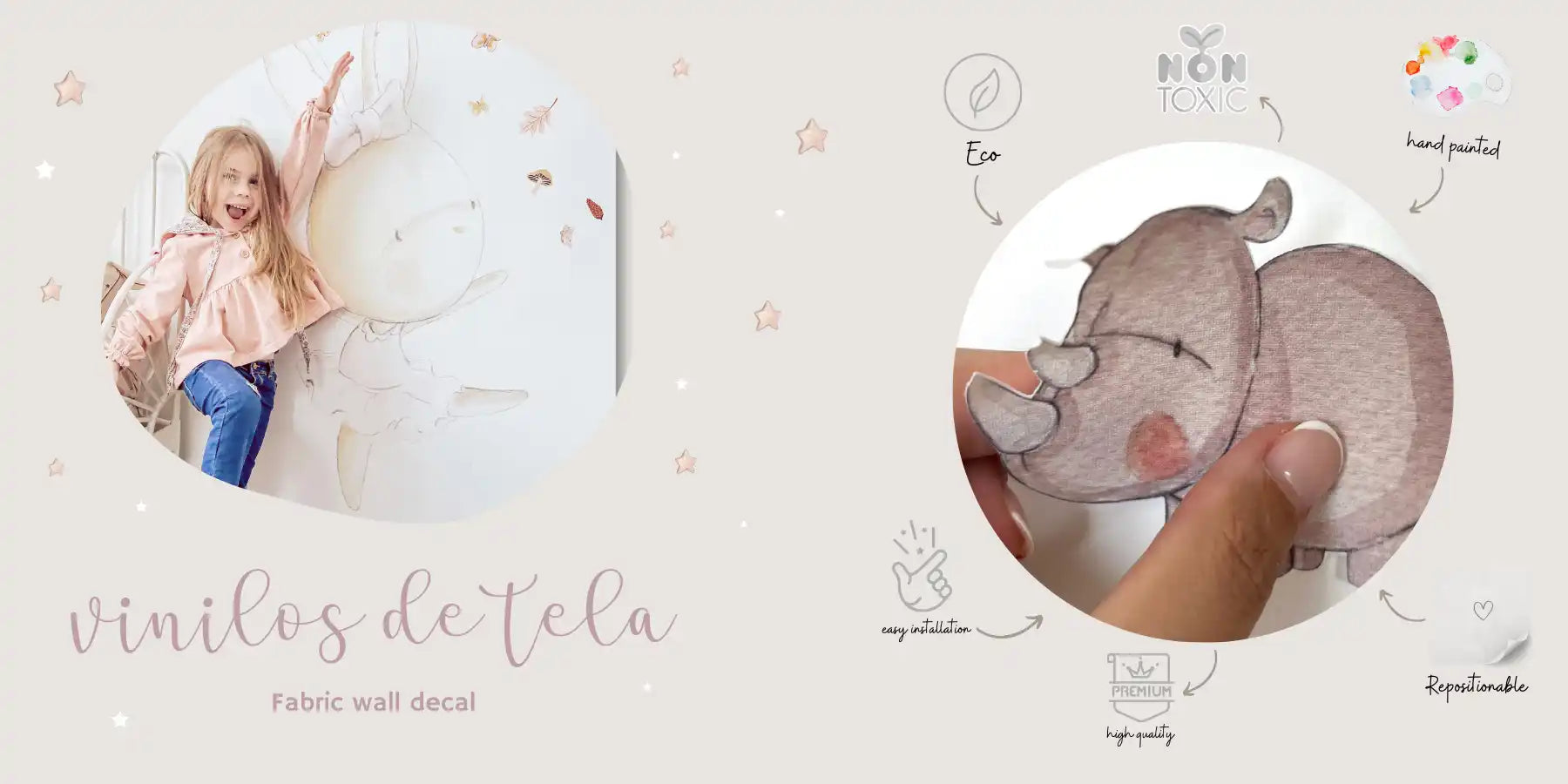 Vinilo decorativo para pared con suaves diseños en tonos pastel y elementos circulares.