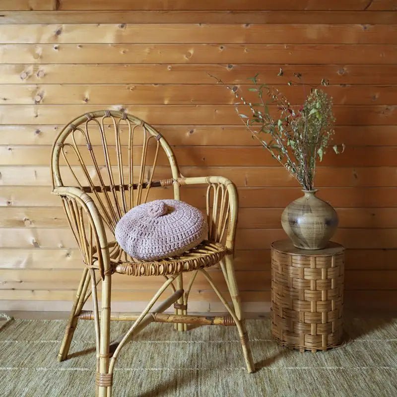 Cojín decorativo algodon redondo crochet LENKA ROSE NUDE - Sueños de Cigueña 