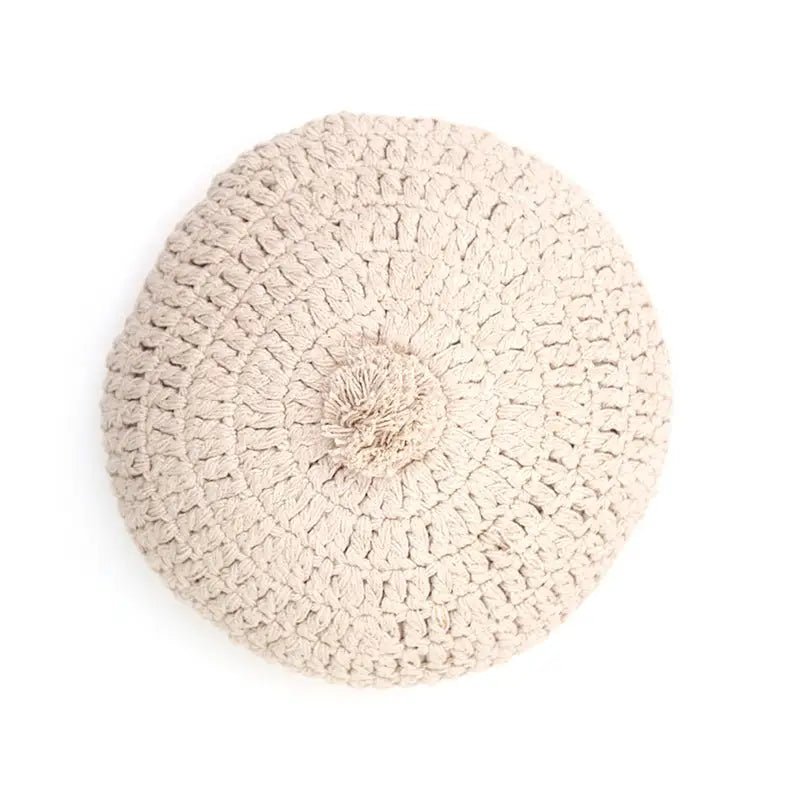 Cojín decorativo algodon redondo crochetLENKA ECRU - Sueños de Cigueña 