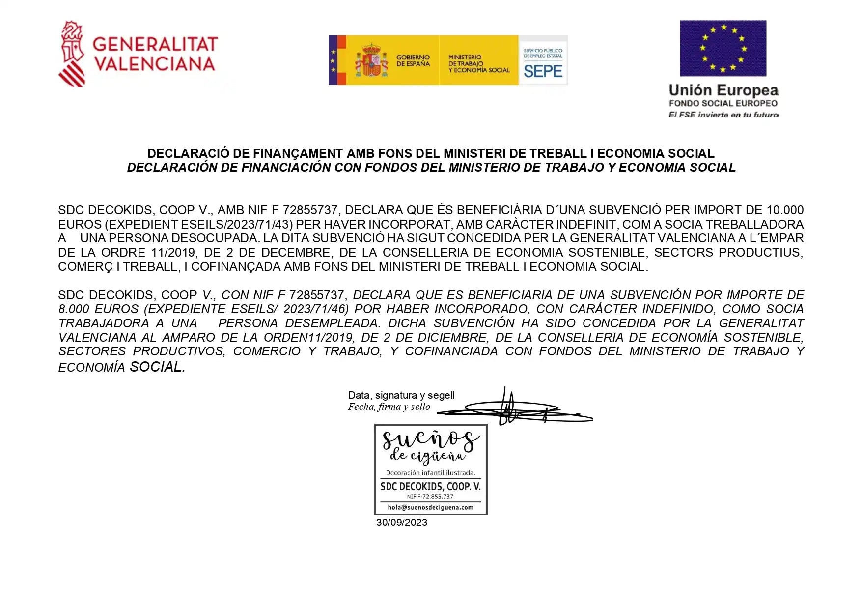 Documento oficial con los logotipos de la Generalitat Valenciana, del Gobierno español y de la Unión Europea en la parte superior, que contiene texto y una firma en la parte inferior.