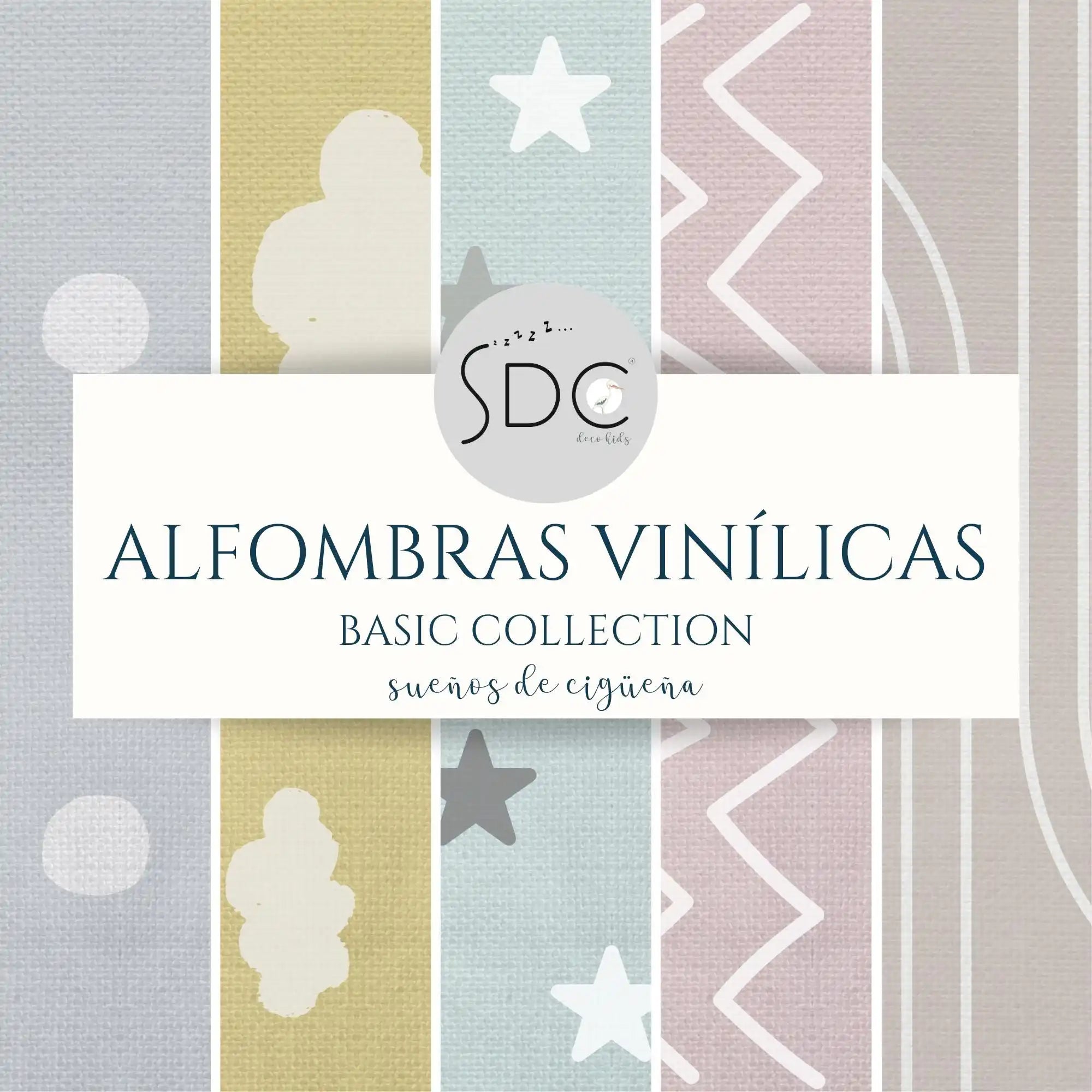 Anuncio de producto para alfombras de vinilo con tiras de patrones en colores pastel que presentan nubes, estrellas y diseños en zigzag.