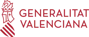 Logotipo y texto rojos de la Generalitat Valenciana, que presenta un diseño de corona estilizada y franjas.