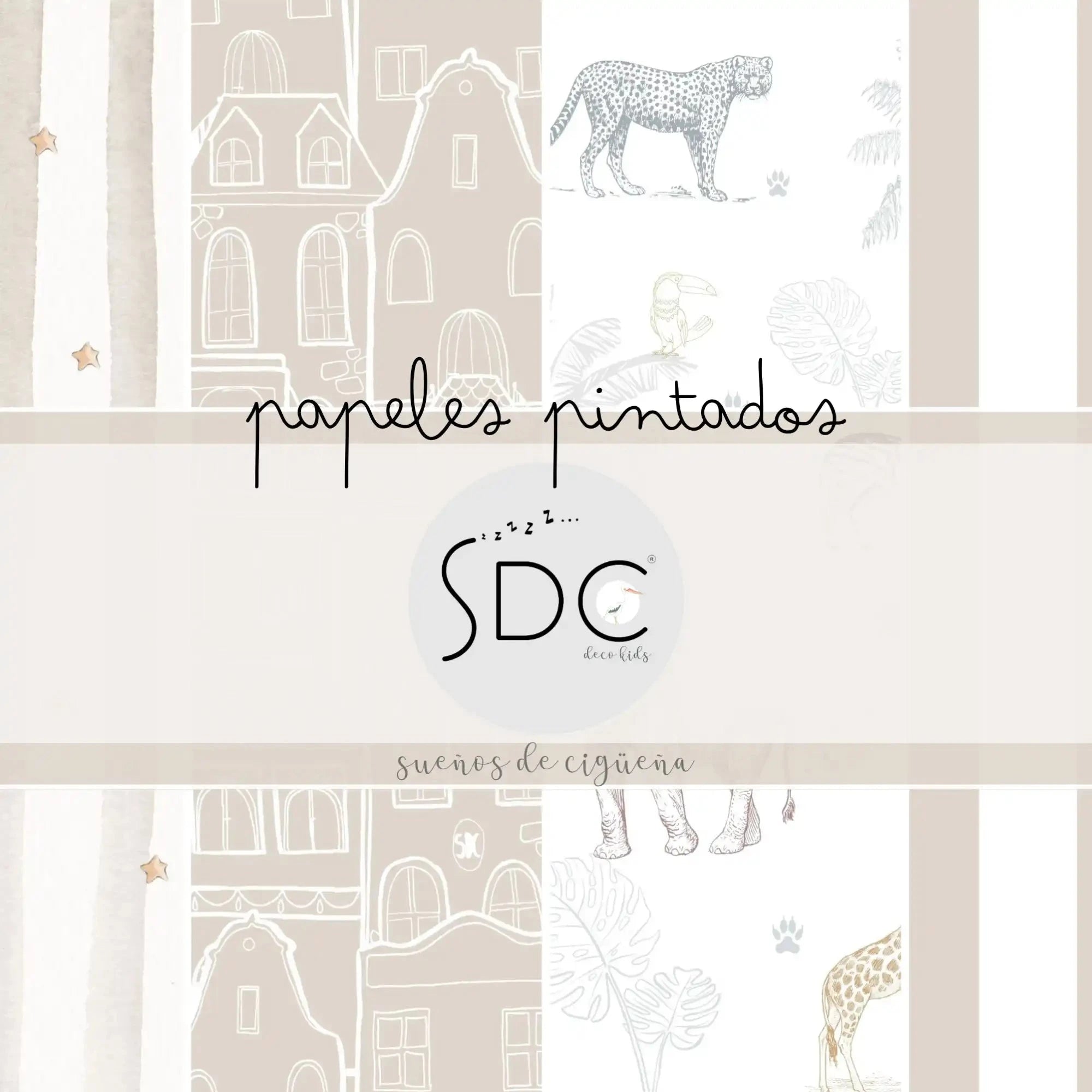 Diseño de texto simple que dice 'papeles pintados SDC' con ilustraciones decorativas de animales y edificios a su alrededor.