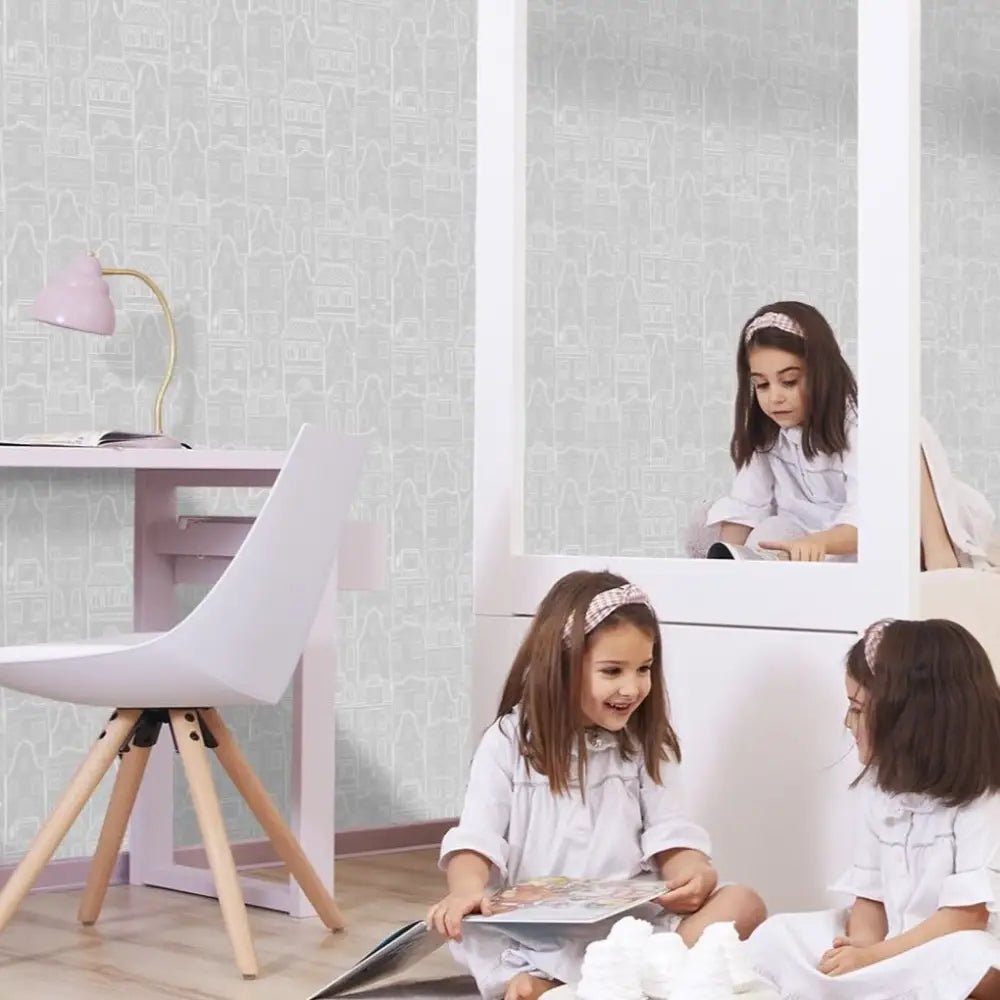 Papel Pintado CASAS SDC-LH-002 BLANCO / GRIS - Sueños de Cigueña 