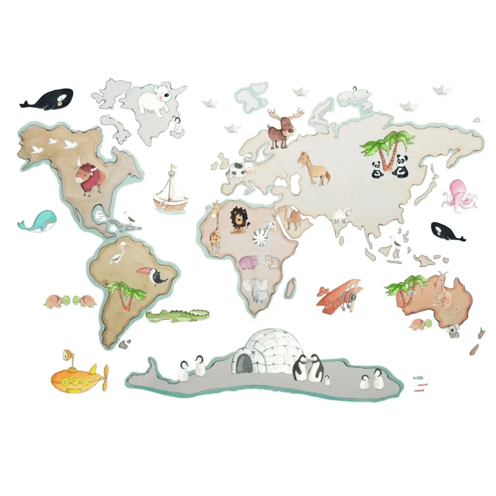 Vinilo de Tela Infantil Mapamundi -World Map Animals XL 220x120cm - SUEÑOS DE CIGUEÑA - Sueños de Cigueña 