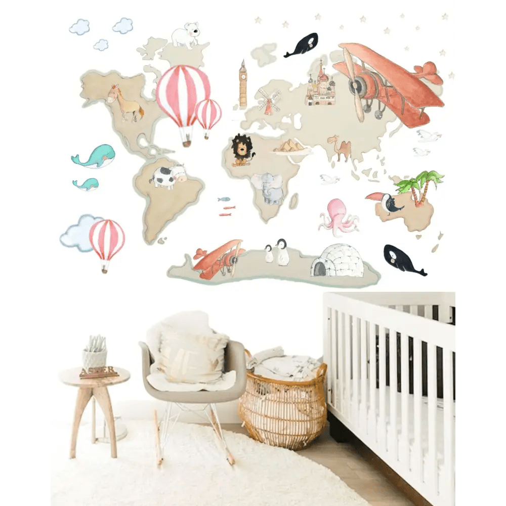 Vinilo Decorativo Infantil World Map XL GLOBOS 220x180cm - Sueños de Cigueña 