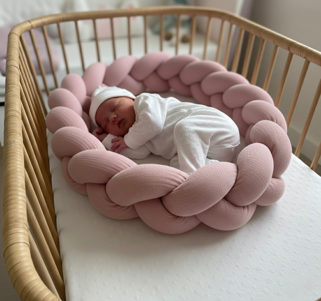 Trenza protectora para cuna y cama artesanal MUSELINA ROSA 200cm