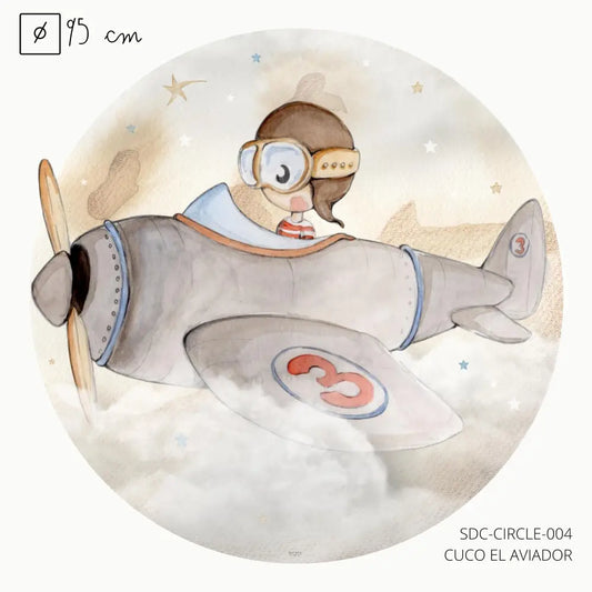 Vinilo Circle Ø95cm "CUCO EL AVIADOR" - Sueños de Cigueña 
