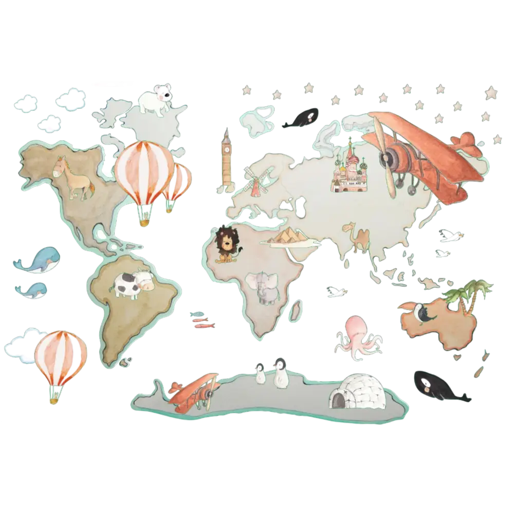 Vinilo Decorativo Infantil World Map XL GLOBOS 220x180cm - Sueños de Cigueña 