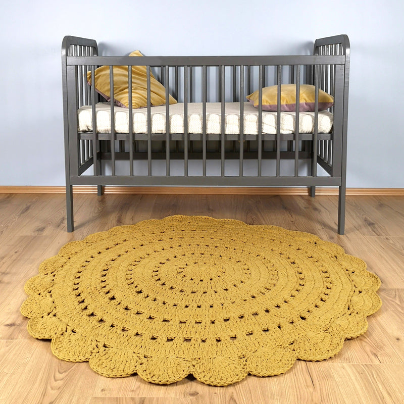 mustard round crochet rug for kids room